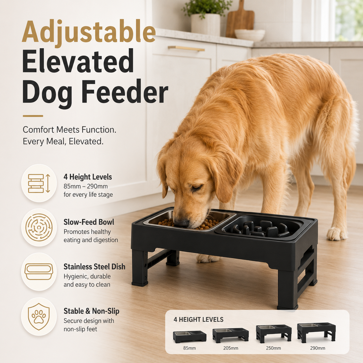 Height Adjustable Dog Feeder with Double Stainless Steel Bowls