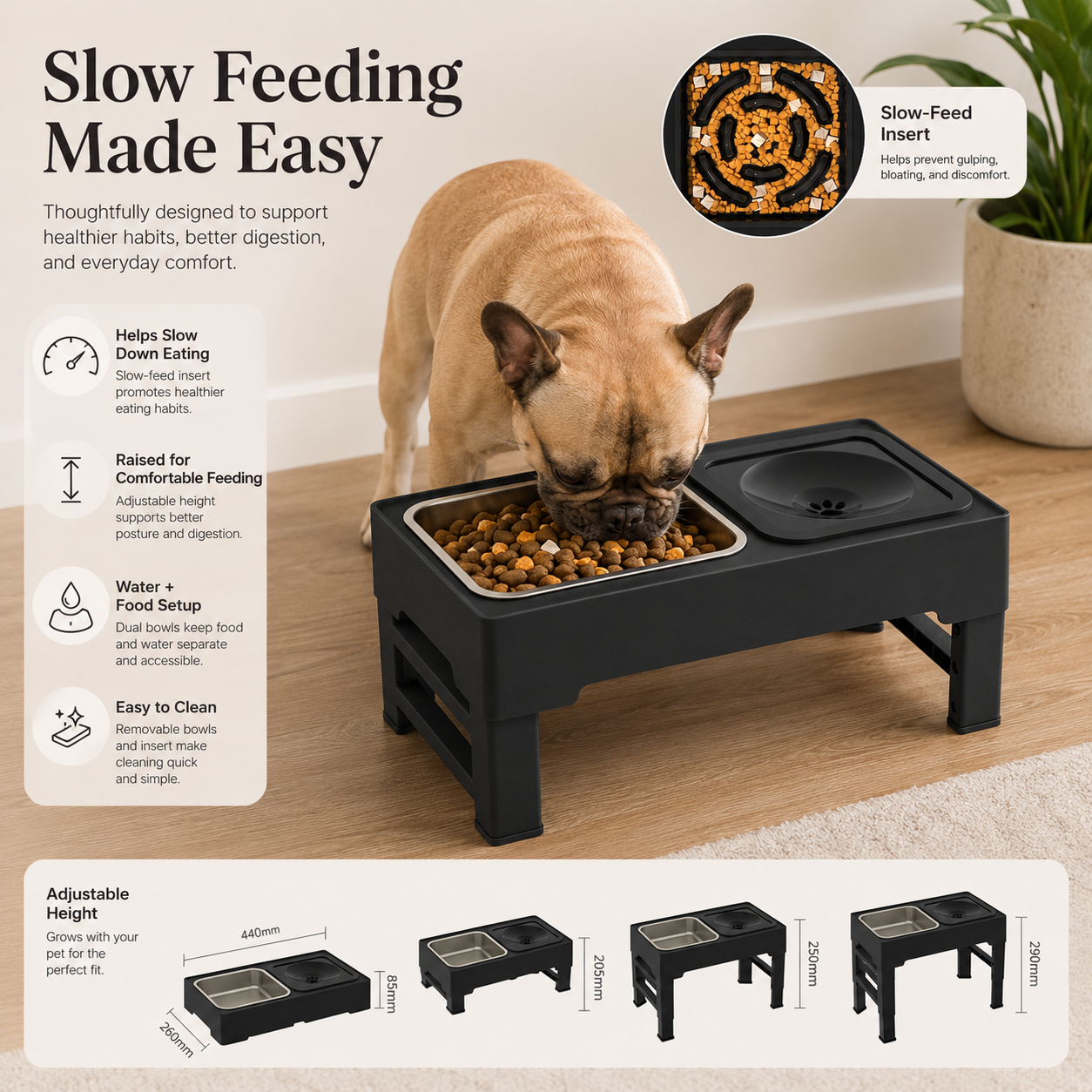 Height Adjustable Dog Feeder with Double Stainless Steel Bowls