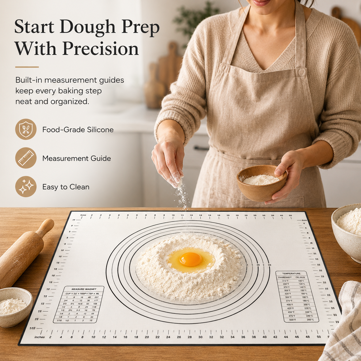 Home baker rolling pizza dough on DoughEase non-stick silicone baking mat mess-free