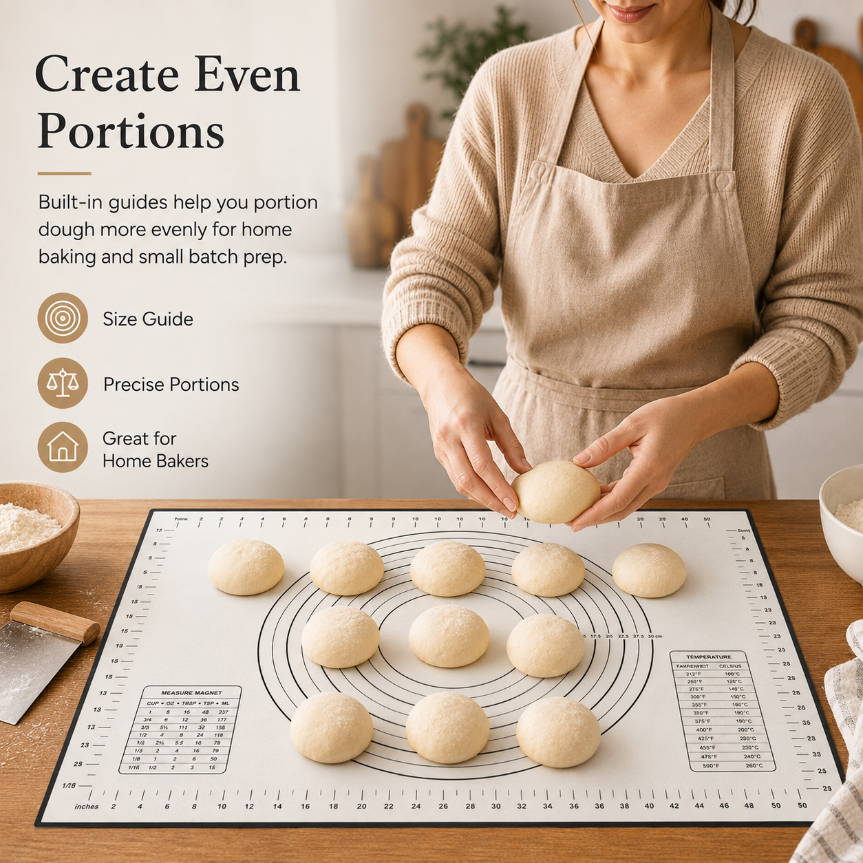 DoughEase silicone baking mat folded for compact easy storage in kitchen drawer or cabinet