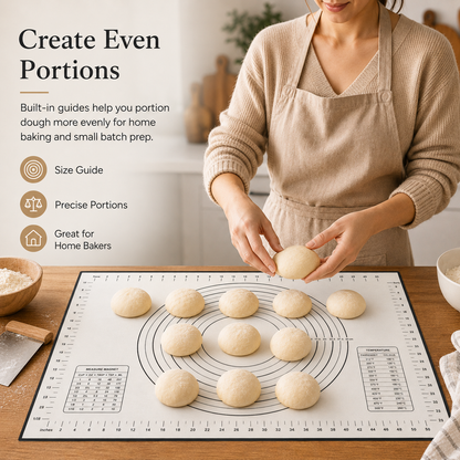 DoughEase silicone baking mat folded for compact easy storage in kitchen drawer or cabinet