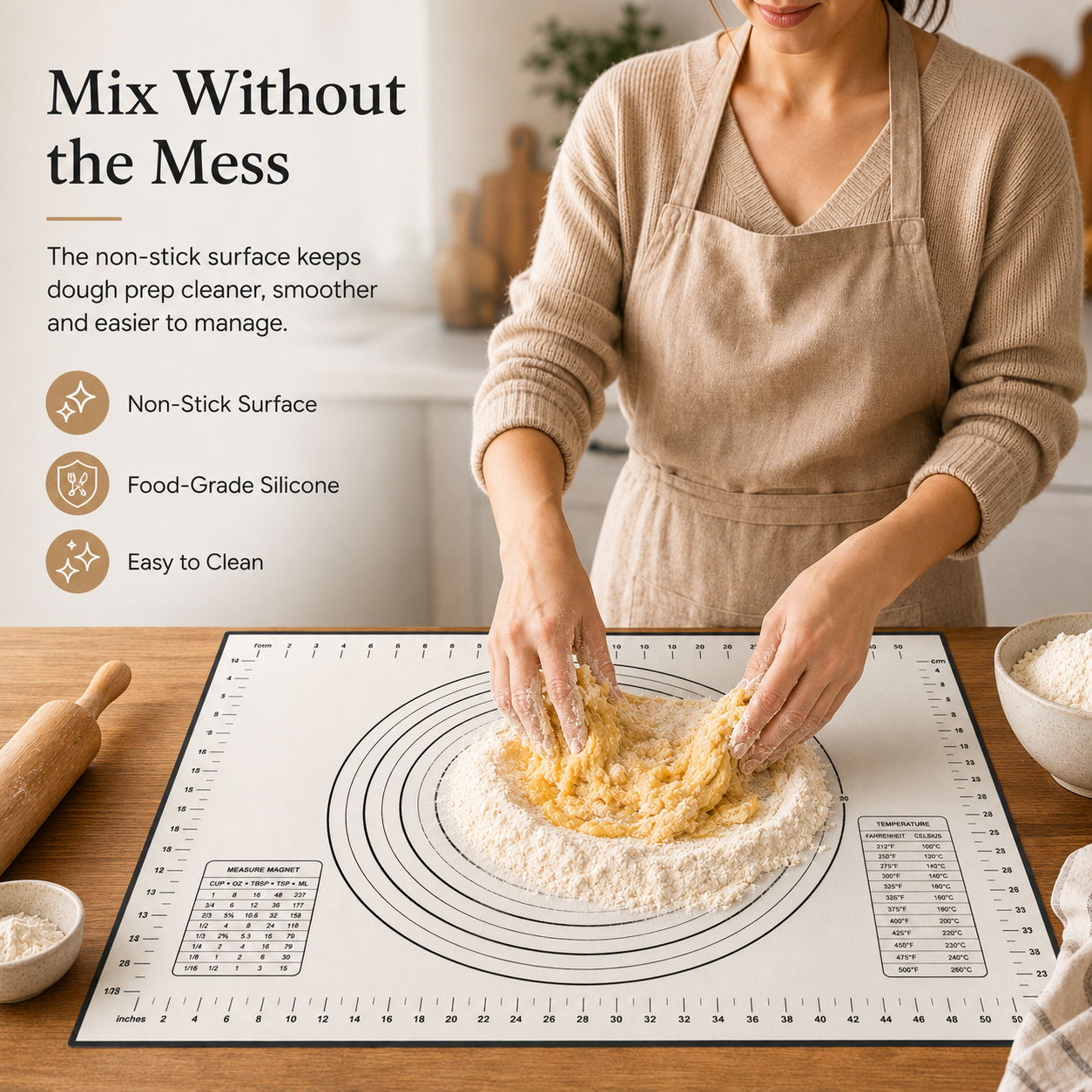 DoughEase silicone baking mat measurement markings for precise dough rolling thickness