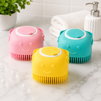 SoothScrub pet bath massage brush front view all three colours green pink and yellow silicone bristles