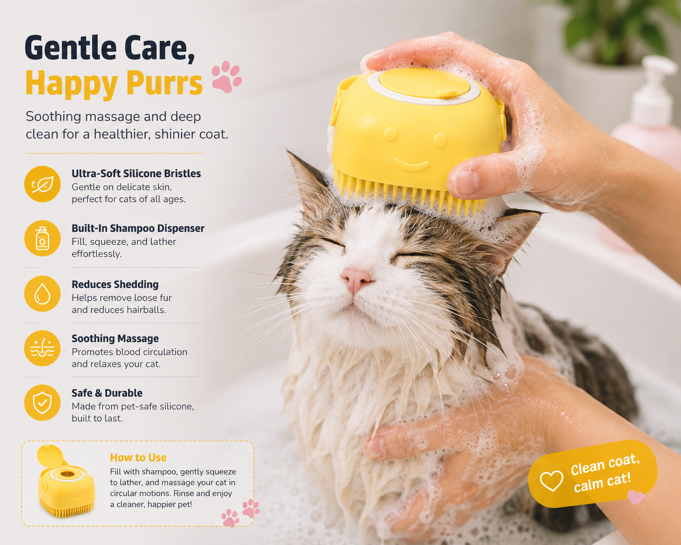 Relaxed cat enjoying gentle bath with SoothScrub silicone pet grooming brush soft massage action