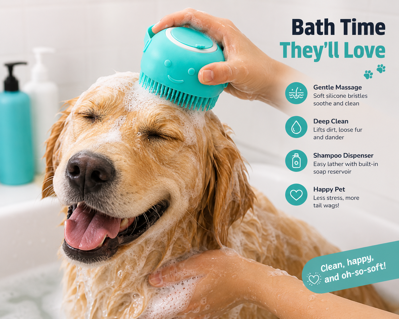 Happy dog being scrubbed with SoothScrub silicone pet bath massage brush soapy bubbles bath time