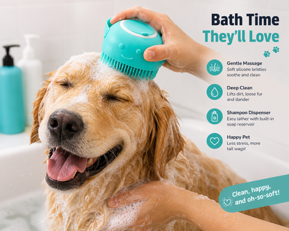 Happy dog being scrubbed with SoothScrub silicone pet bath massage brush soapy bubbles bath time