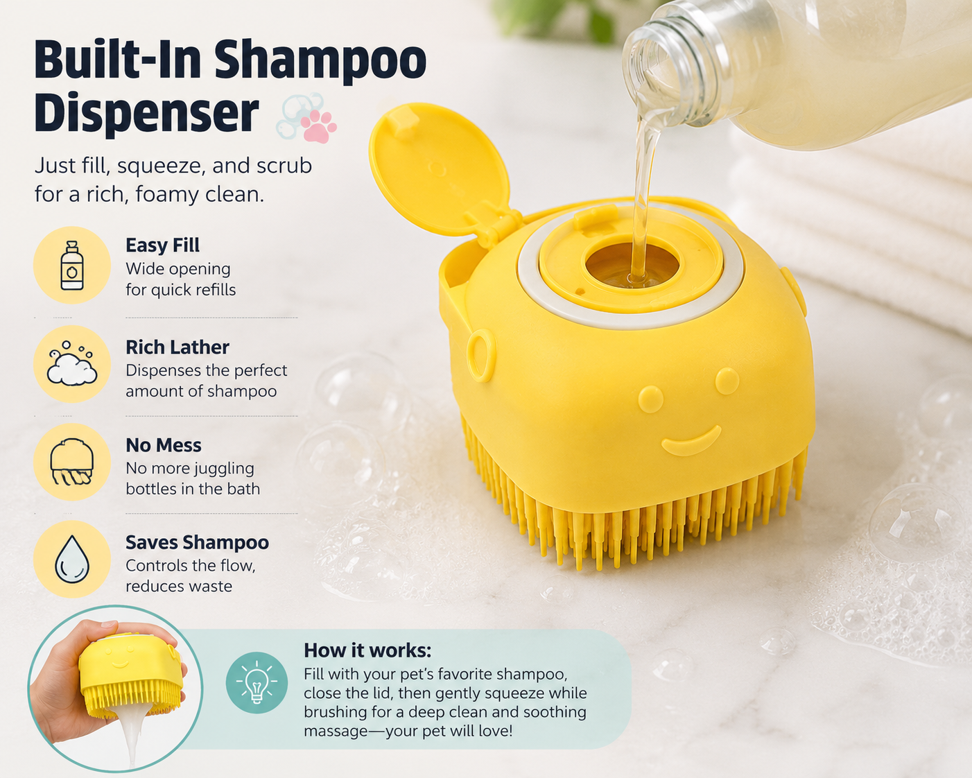 SoothScrub pet bath massage brush demo showing shampoo dispenser reservoir yellow