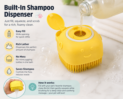 SoothScrub pet bath massage brush demo showing shampoo dispenser reservoir yellow