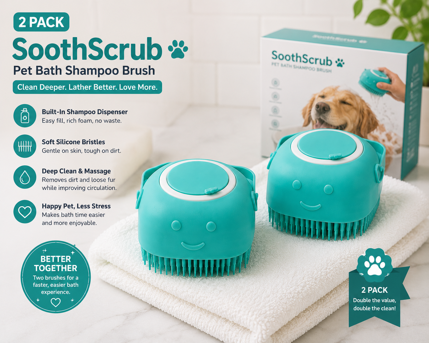 SoothScrub silicone pet bath massage brush green 2-pack set product photography white background