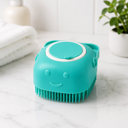 SoothScrub silicone pet bath massage brush green single unit with built-in shampoo dispenser