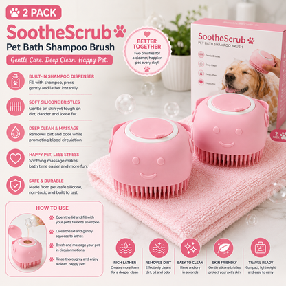 SoothScrub silicone pet bath massage brush pink 2-pack set clean white background
