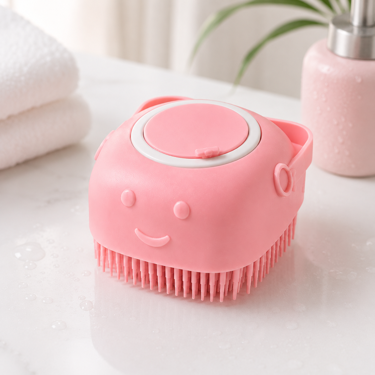 SoothScrub silicone pet bath massage brush pink single unit with soft bristles and shampoo dispenser