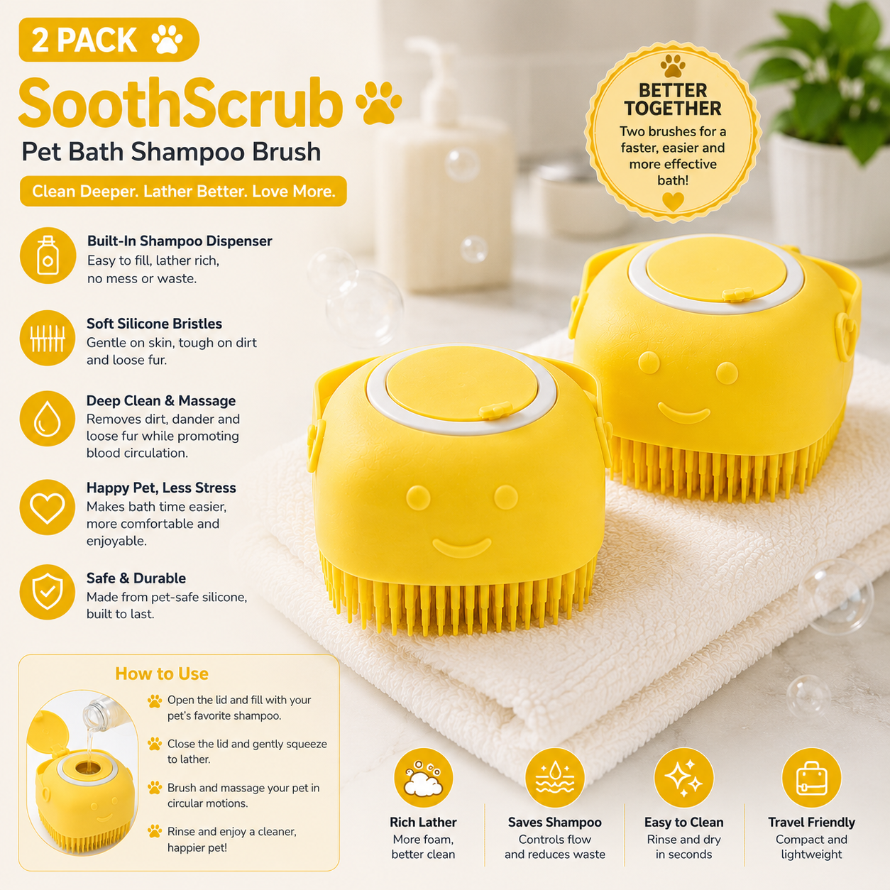 SoothScrub silicone pet bath massage brush yellow 2-pack set professional product photography